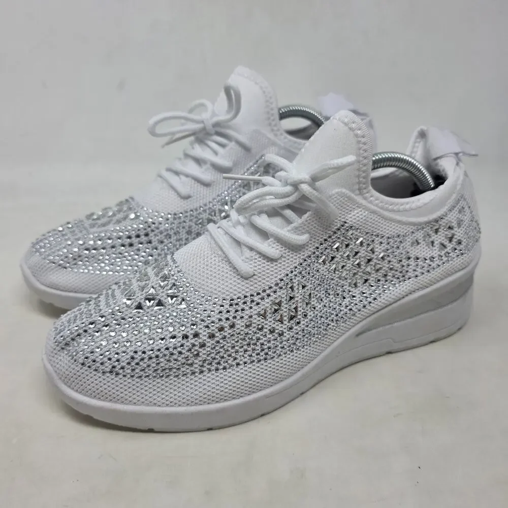 IDBI Rhinestone Platform Wedge Knit Sneakers White Women’s Size 8.5